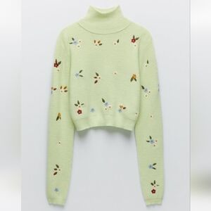 Zara Alpaca Wool Floral Embroidery Turtle Kneck Cropped Knit Sweater NWOT